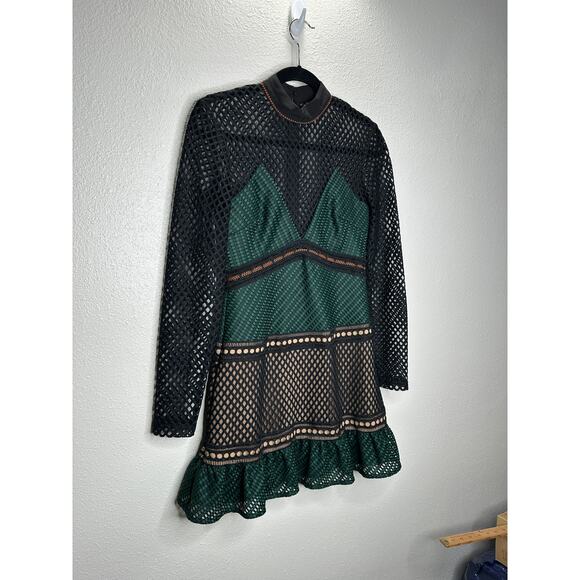 Self Portrait Black Eyelet Mesh Green & Orange Contrast High Neck Dress 6 - Picture 5 of 16